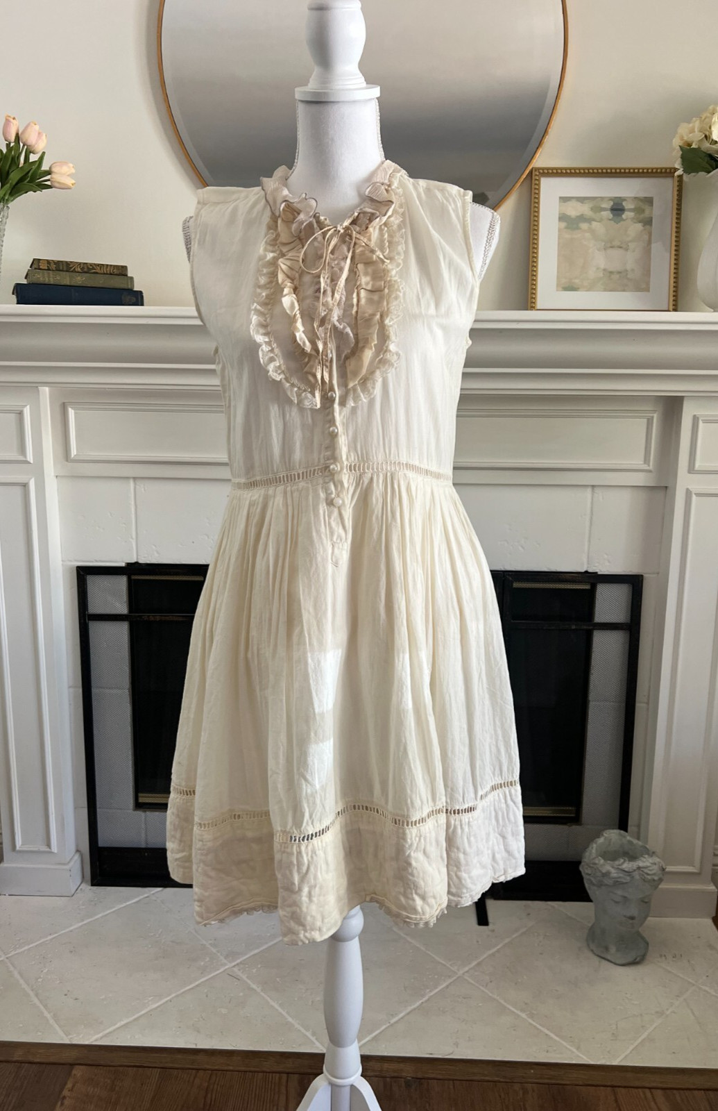 VTG Diab’less Y2K Sleeveless Ruffle Lace Dress Sz S/M Cottage Cotton Silk Ivory