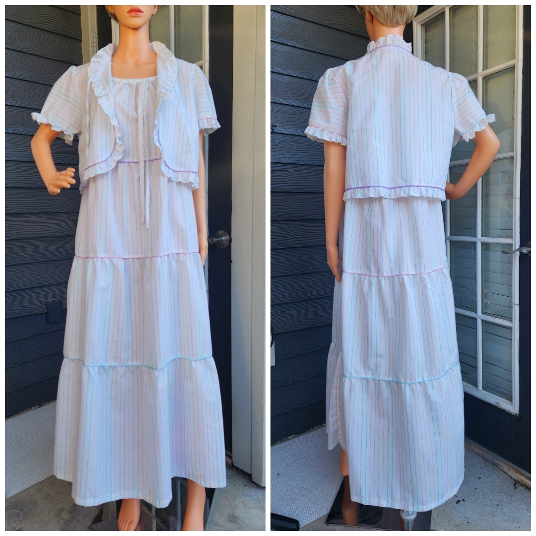 Vtg Brandywine 2-Piece Set Striped Tiered Maxi Prairie Dress & Bolero Jacket M