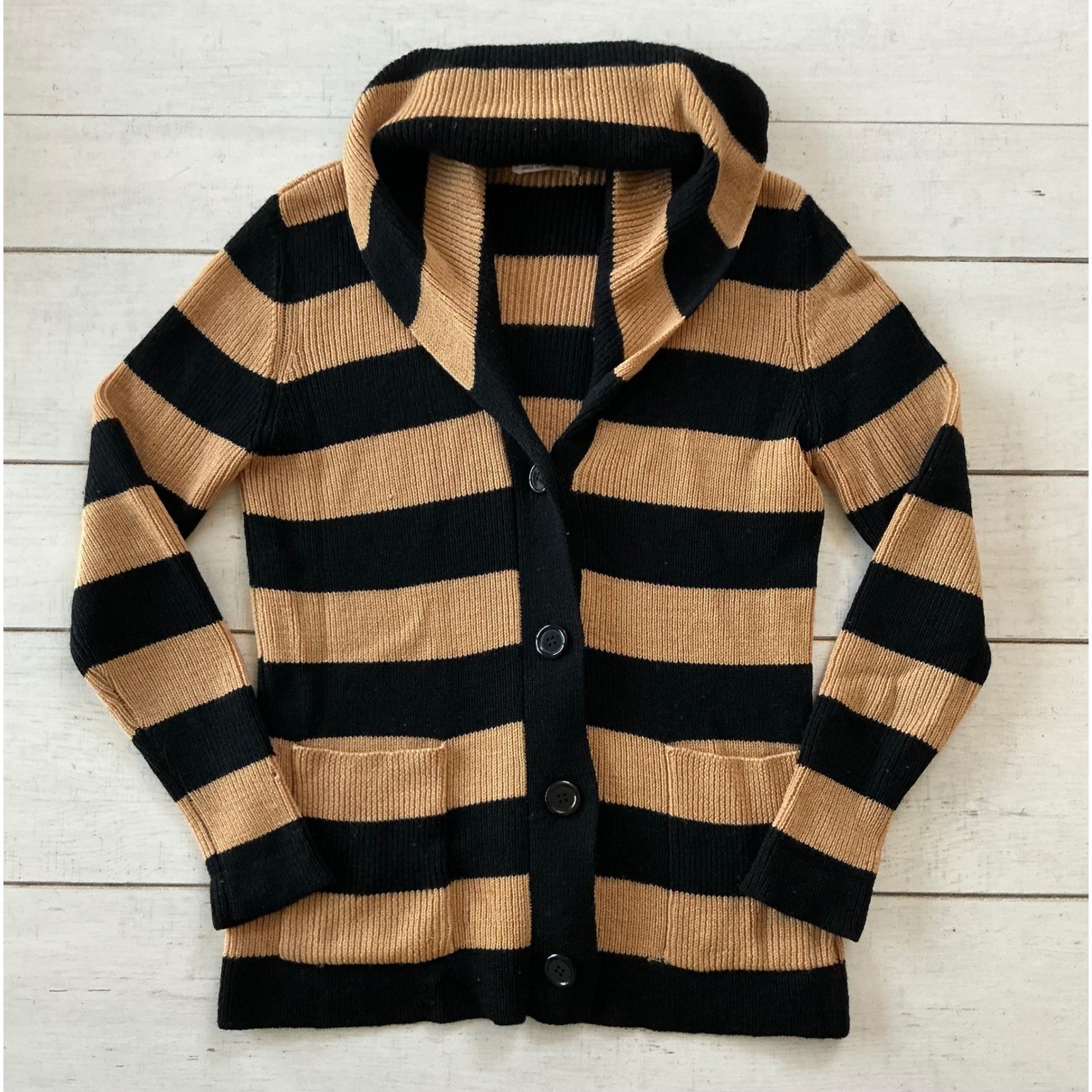 Vintage Riki for Crazy Horse 100% Wool Striped Hooded Cardigan Sweater Tan Black