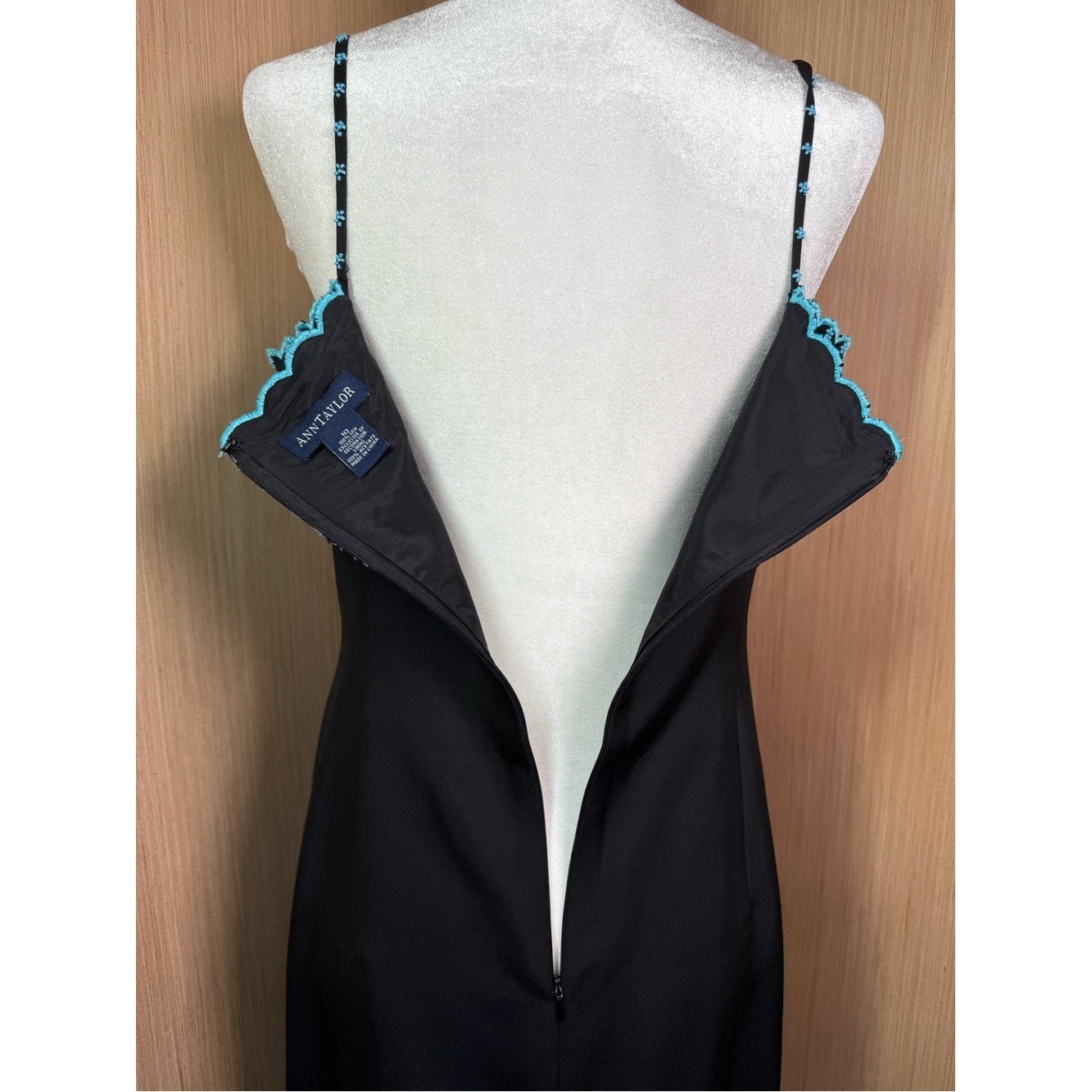 Ann Taylor 100% Dupioni Silk Black Slip Dress Beaded Bodice Straps Sz 10 Vintage