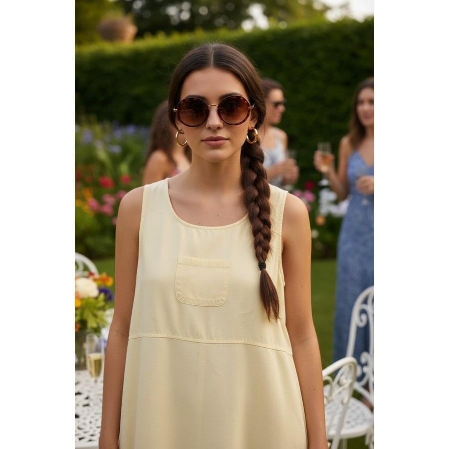 VTG Lagenlook AKS Butter Yellow Tencel Lyocell Sleeveless Midi Dress M