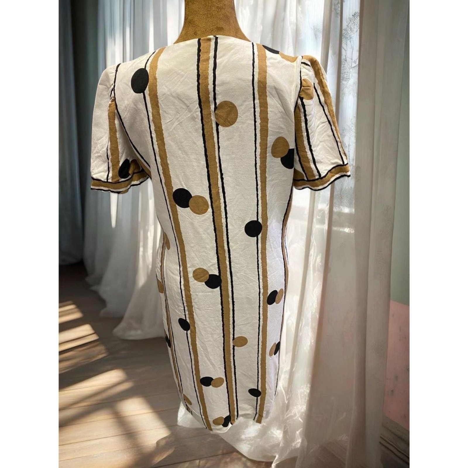 Vintage Union Made Feminine Polka Dot Stripes Shift Geometric Dress Made in USA