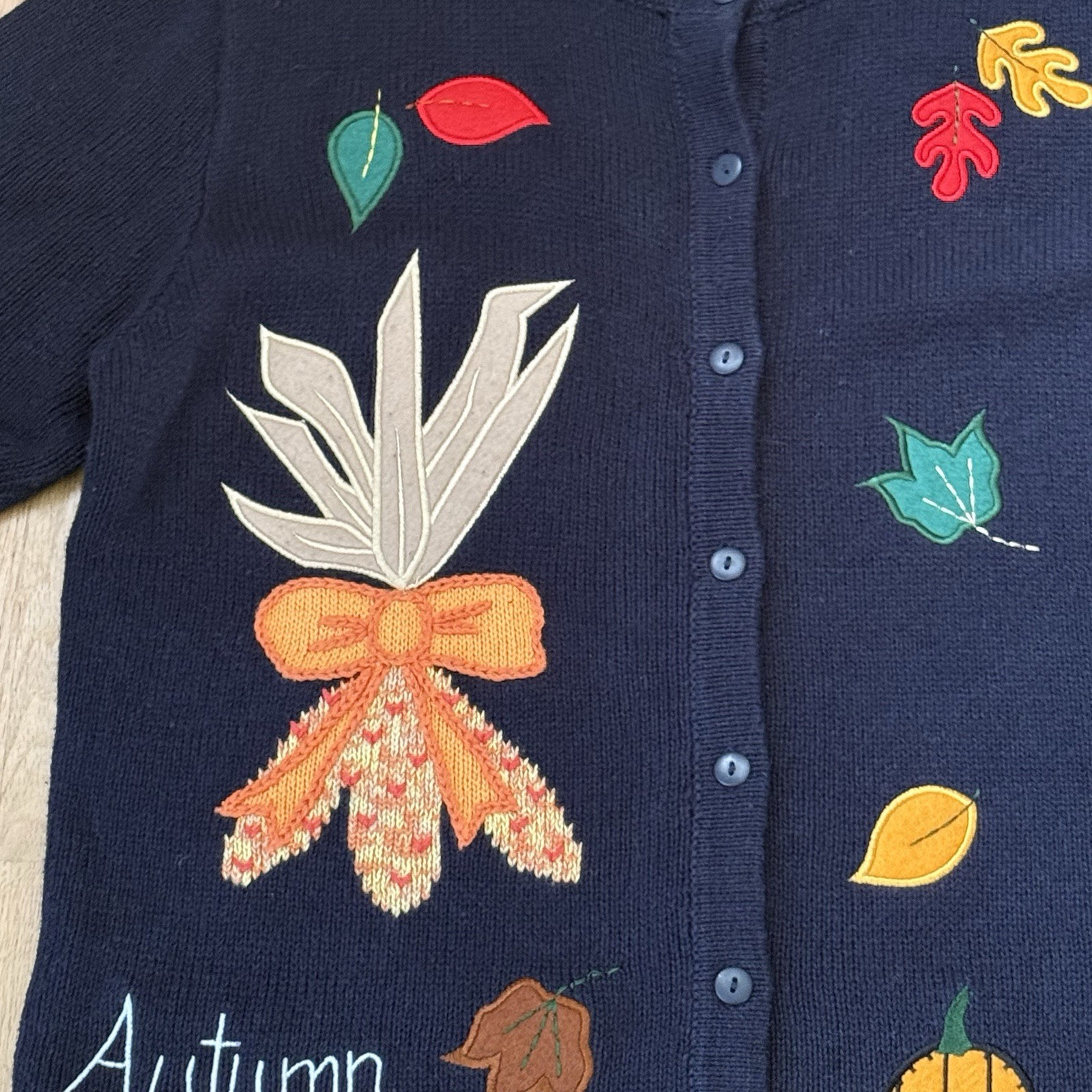 The Quacker Factory Cardigan Sweater Autumn Greetings Navy Blue Ramie Cotton Med