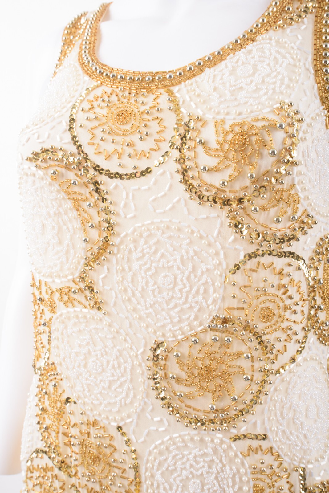 Vintage Interlude CA Womans Evening Shift Dress Size M Ivory Gold Beaded Silk