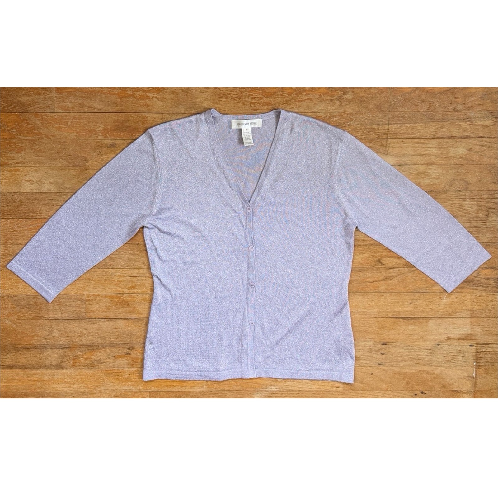 Vintage Lavender Metallic Silver Cardigan Size Medium Knit V-Neck 3/4 Sleeves