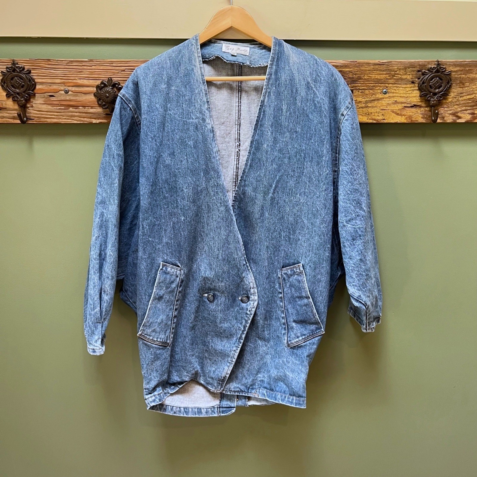 Paris Blues Vintage 80s Acid Wash Denim Jacket Dolman Sleeve Double Breasted M