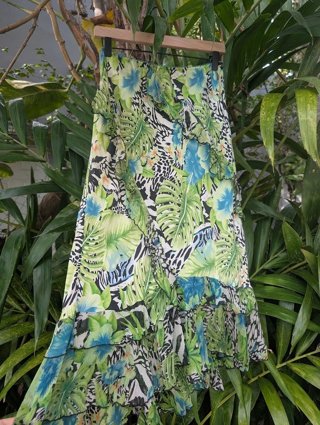 Vintage Silk Midi Skirt Y2K Tropical 10 Floral Animal Print Fairycore ruffle hem