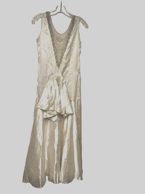 Antique Ivory Satin Wedding Sleeveless Flapper Dress Beads, Rhinestones Neckline