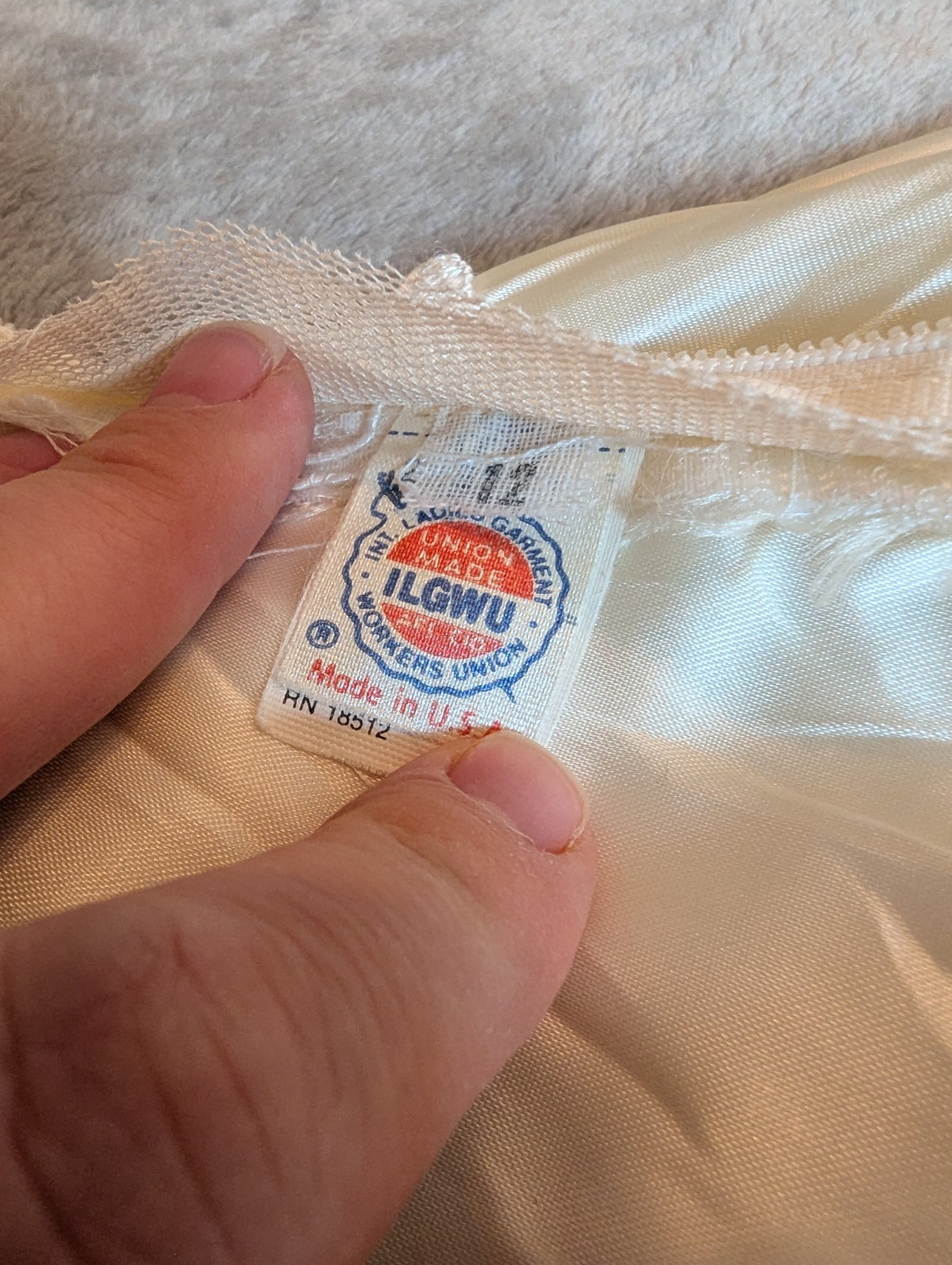 Vintage 1990s ILGWU Union Made Ivory Satin Wedding Dress Sequin Pearl Open Back