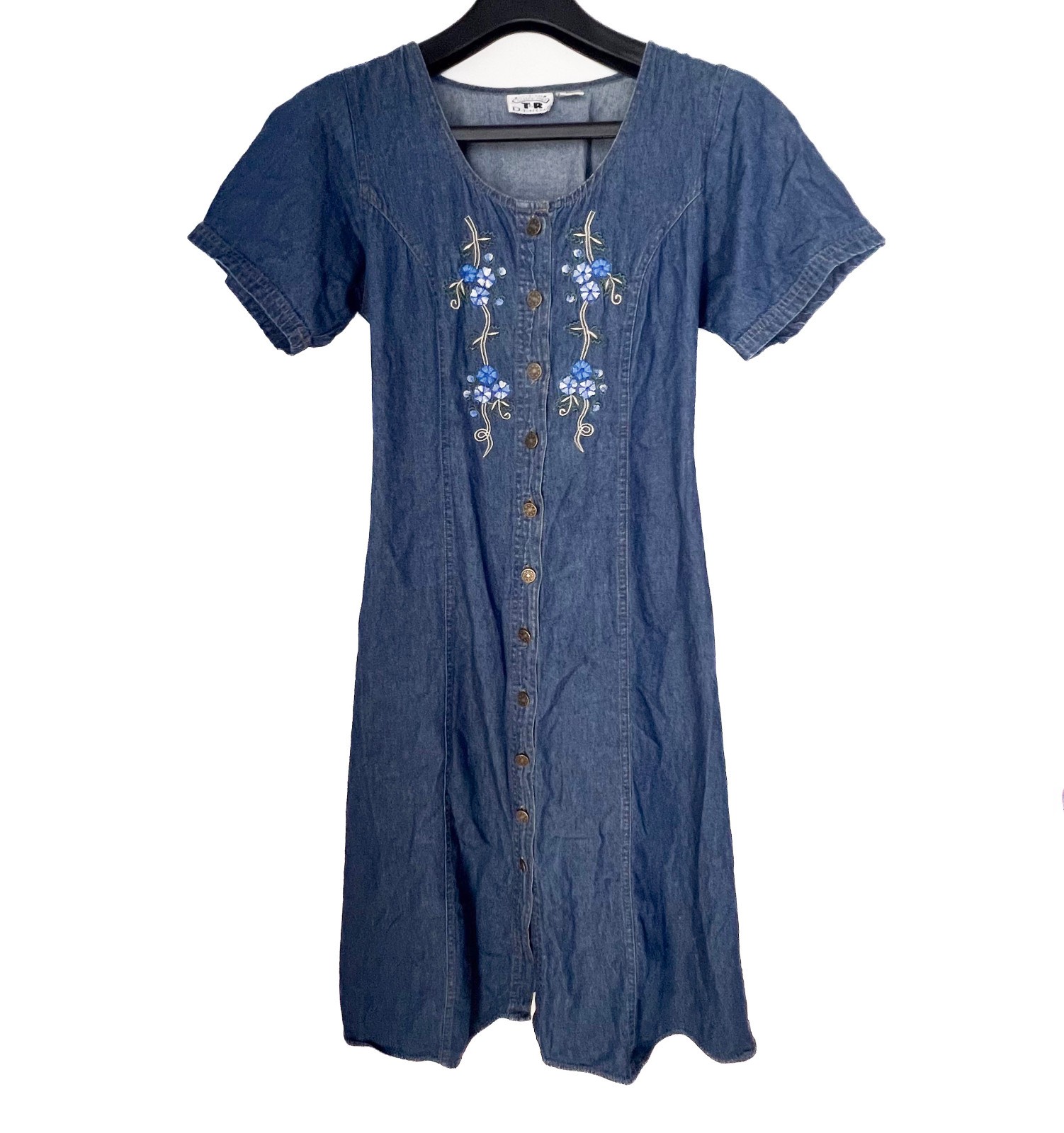 T&R Denims Vintage 90s Prairie Midi Dress Embroidered Flower Tie-back Cottage
