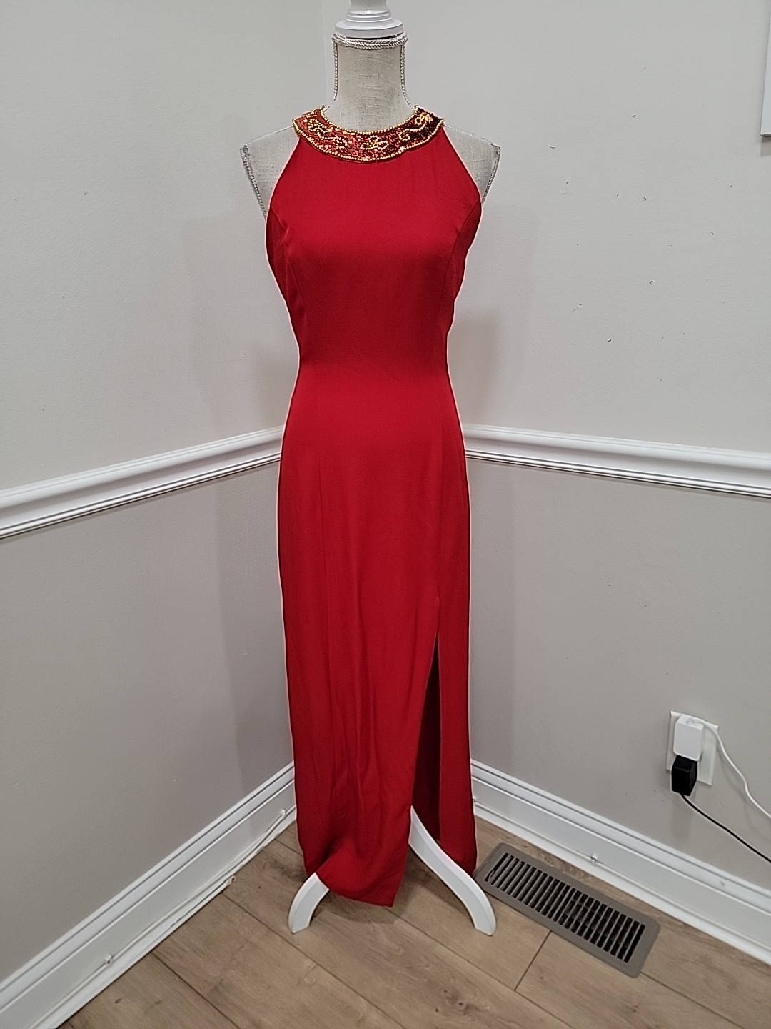 VTG 1980s Red Beaded Halter Evening Gown De Lara by Linda Bernell Maxi Dress