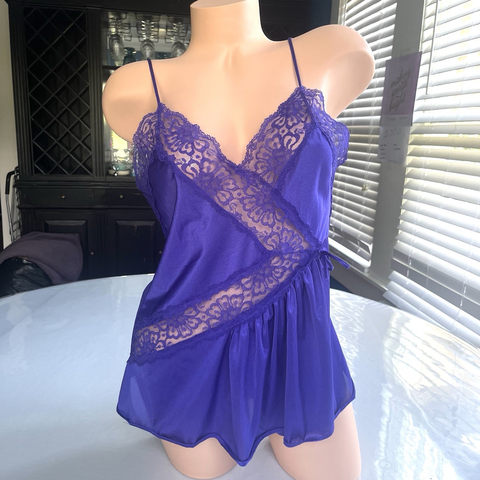 VTG 80s Cami Nightie Nylon Peekaboo Lace Royal Purple Size Small