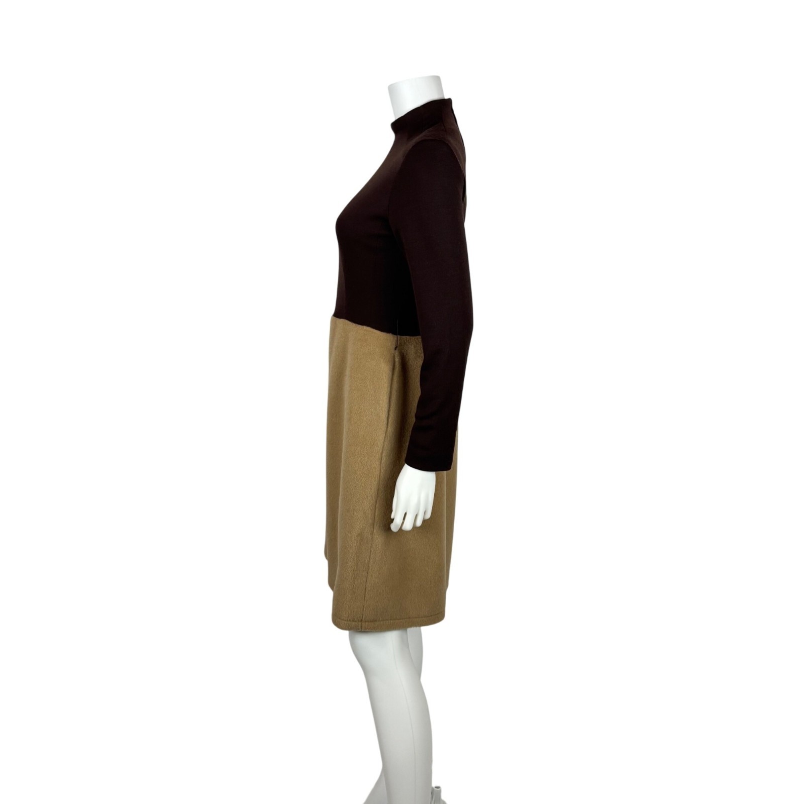 Vintage 60s Mod Dress Womens Small Wool Blend Brown Beige Knee Length Mockneck