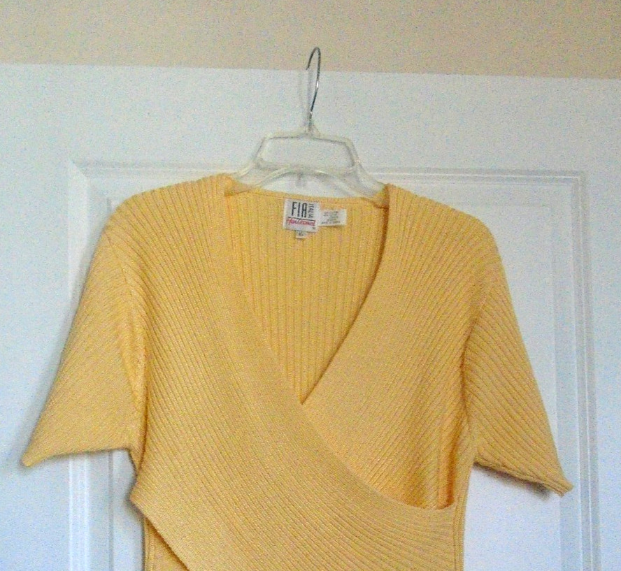 VTG FIA ITALIA Handloomed Yellow Knit Wrap Top Short Sleeve Cotton Rayon Size L