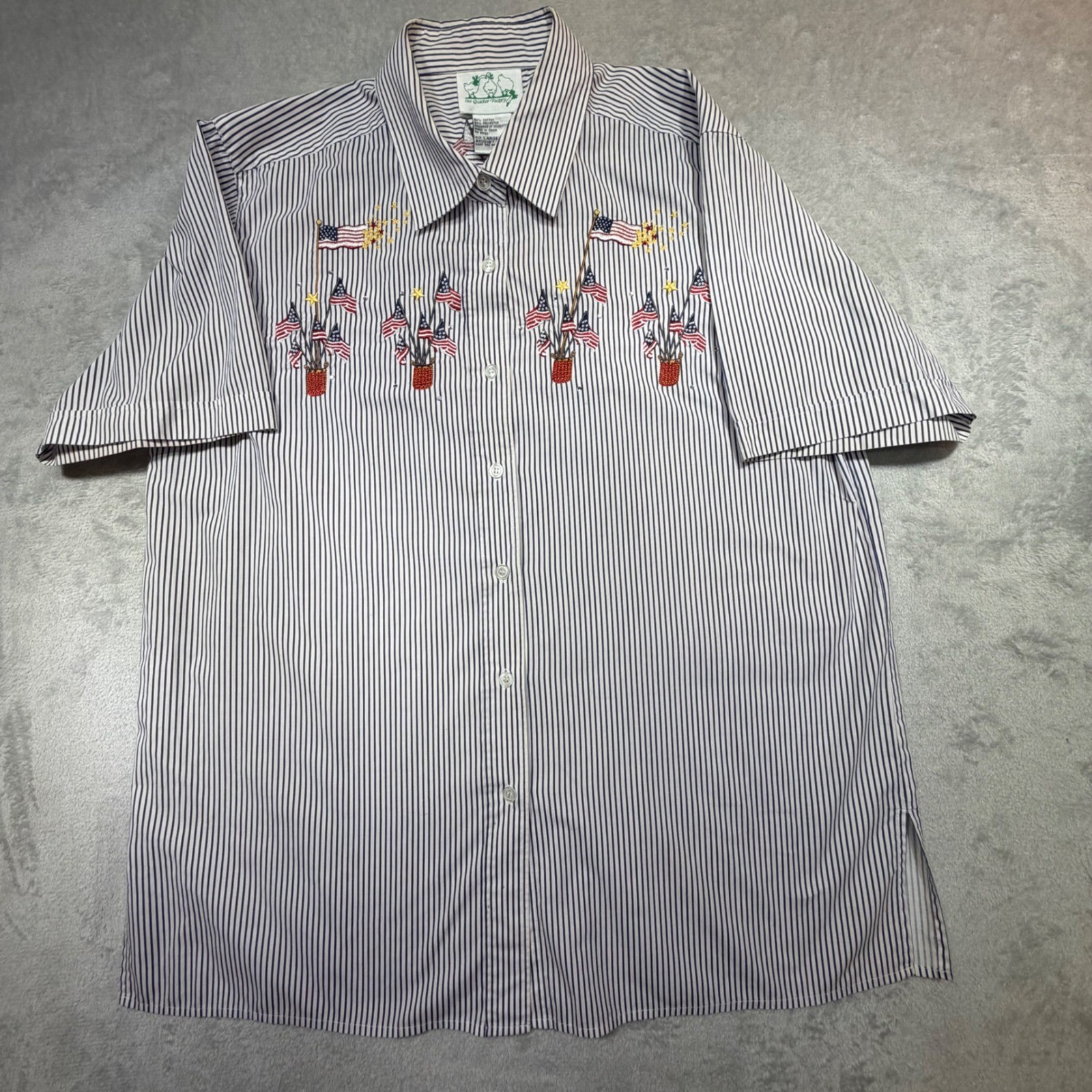 Vintage Quacker Factory Large Blue White Striped Patriotic Flag Shirt 90s Cotton