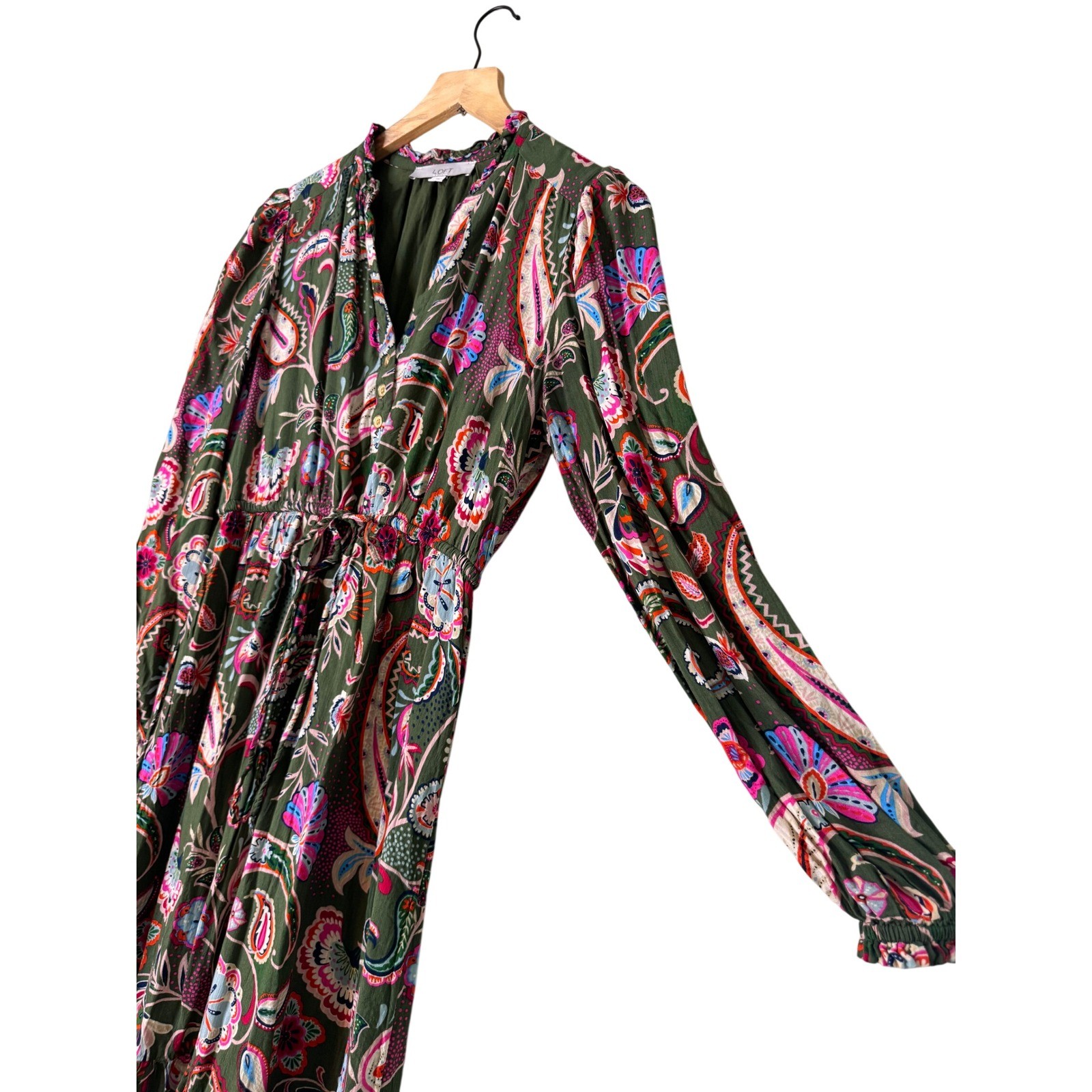 Olive Green Boho Prairie Maxi Dress Paisley Floral Cottagecore Peasant Small