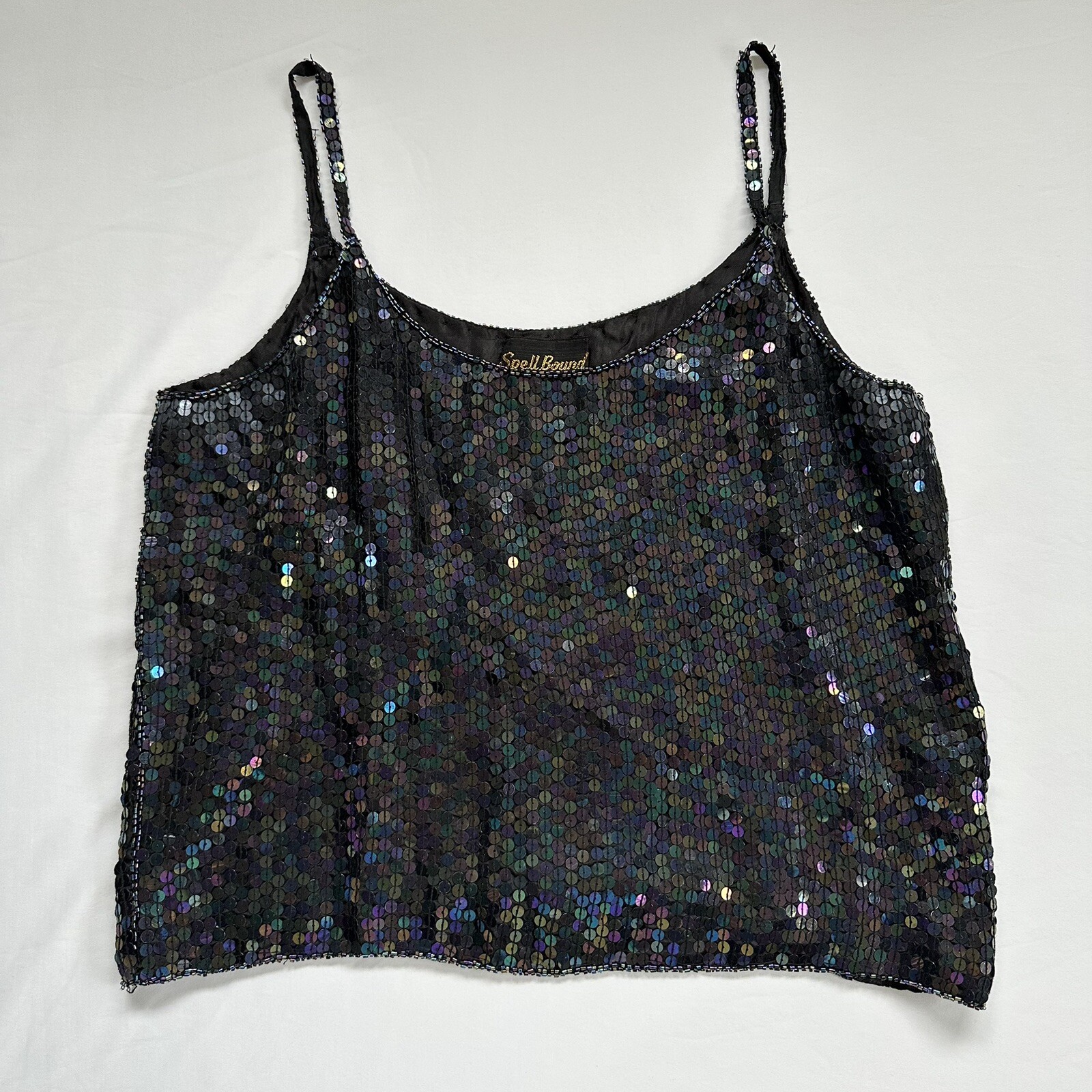 VTG 100% Silk Sequins Beaded Spaghetti Black Strap Top Spell Bound Size Medium