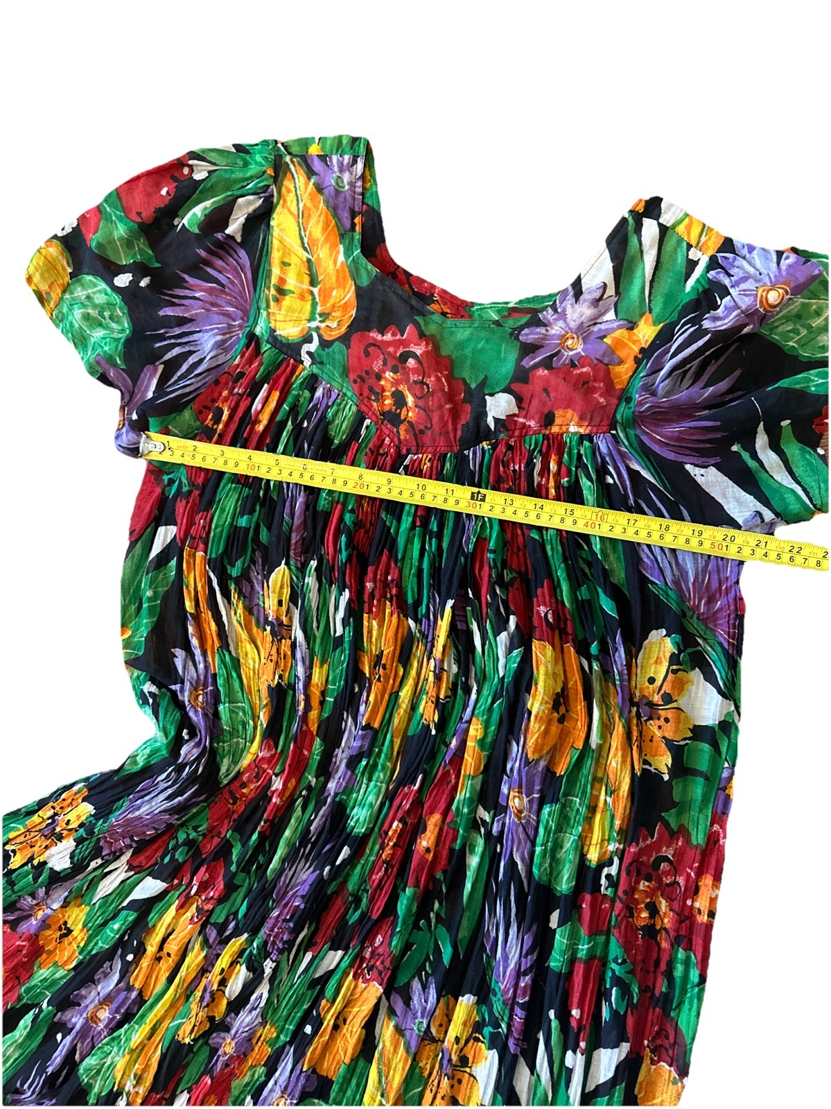 Vintage 80’s Sita Colorful 100% Cotton Trapeze Short Sleeve Dress Size S Nepal