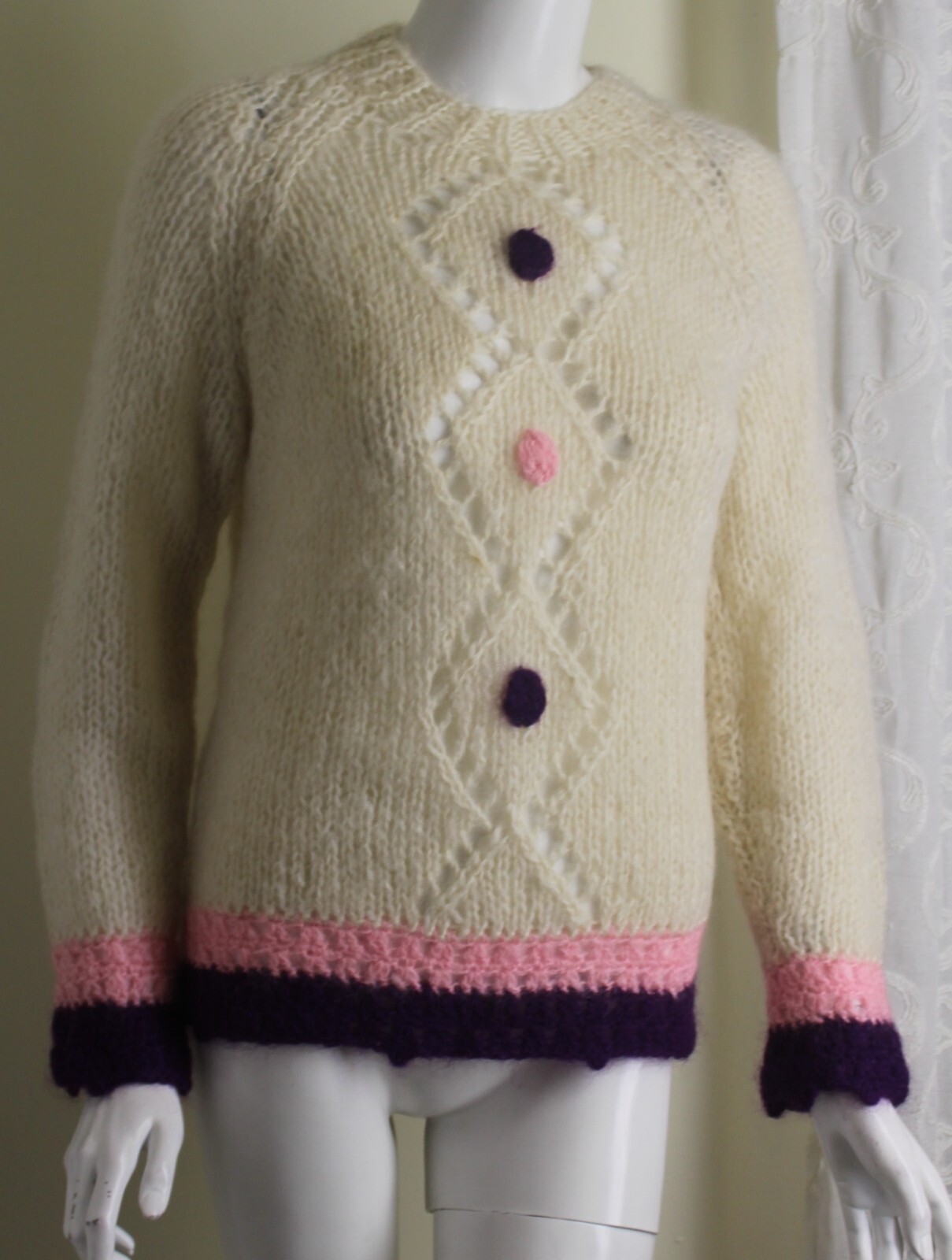 Vintage 1960s 70s Italy Mohair Kawaii Hand-Knit Funky Sweater 36 S M Fabulous