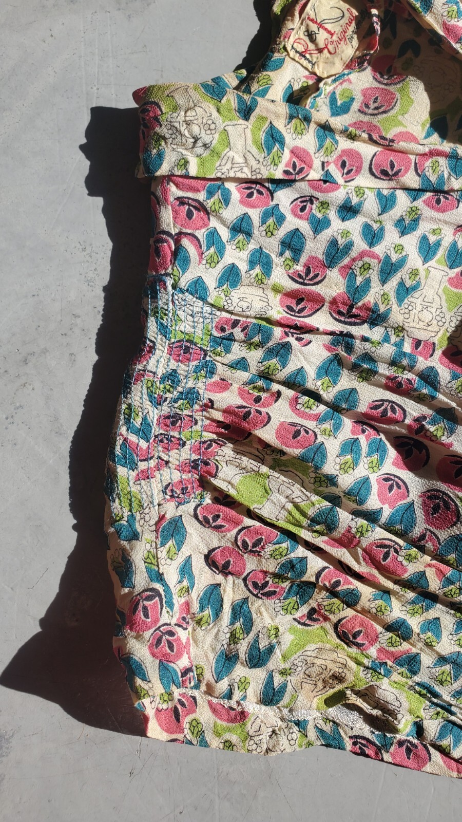 Vintage 40s R & K KNITS Rayon Pink Teal Floral Dress Tiered Ruching ART DECO XS