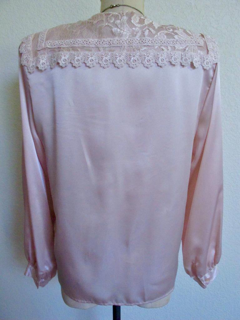 Vintage San Andre Silky Blouse 10 Pink Lace Victorian Collar Slick Shiny Satin