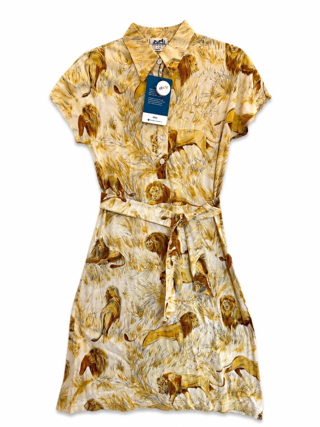 Hermès Paris Vintage Lion Safari Print Belted Polo Shirt Dress