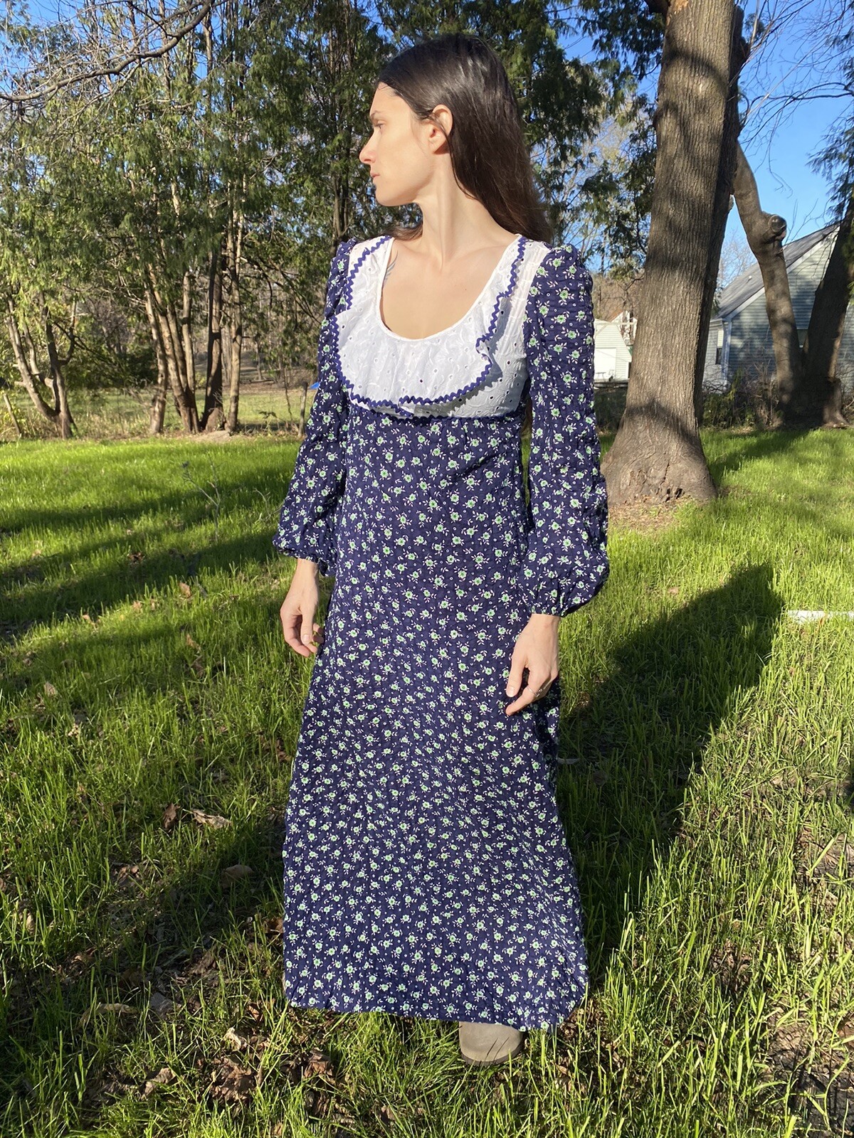 Vintage 70s Oops California Cotton Prairie Maxi Dress Hippie