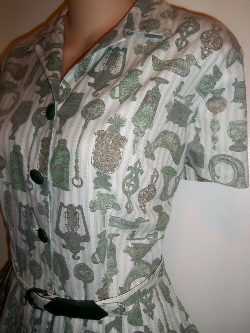 Vtg 50s VIRGINIA HART Cotton Fabric KITCHEN THEME Belt Dress DEADSTOCK M L NOS