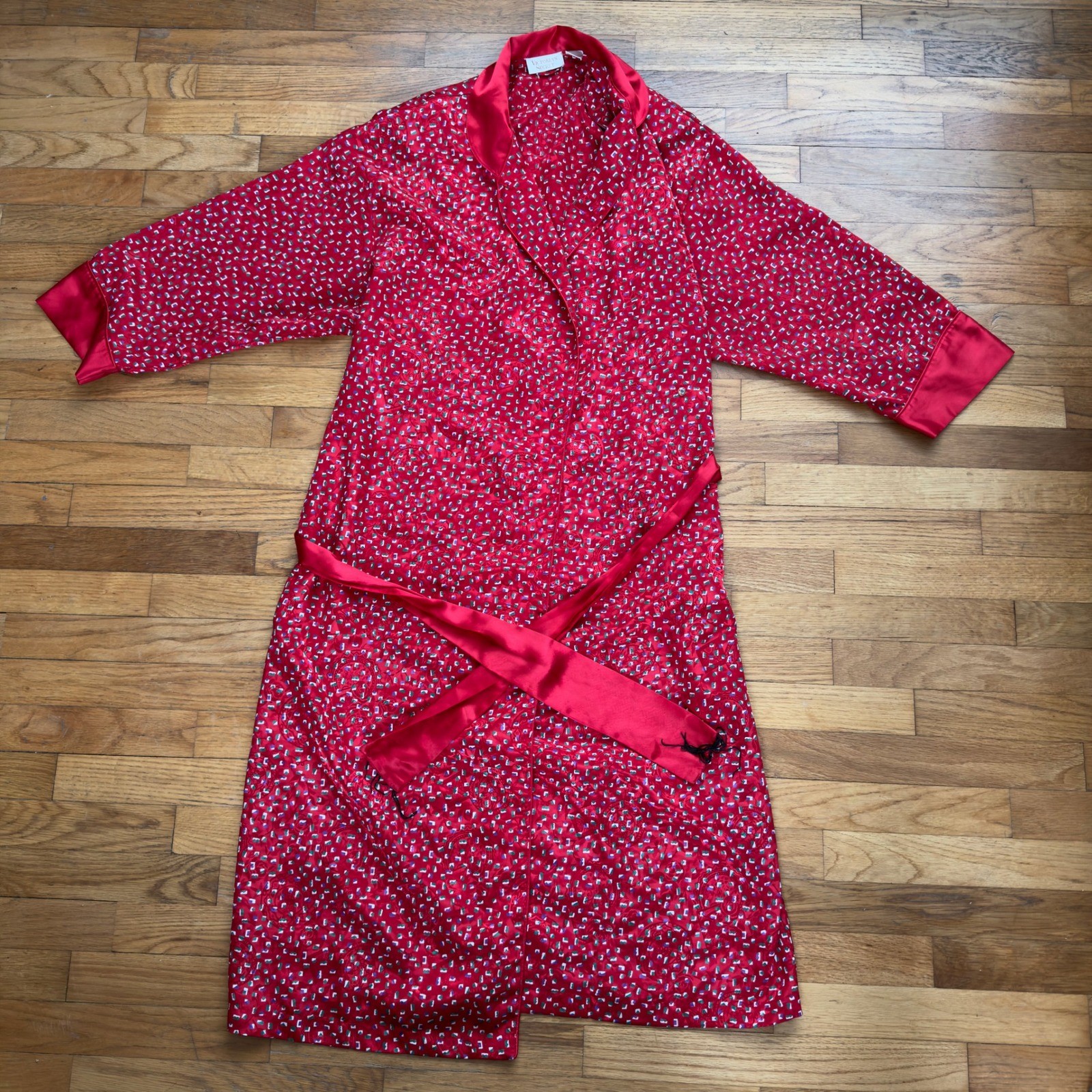 Vtg Victorias Secret Gold Label Red Satin Confetti Floral Robe M L Womens 90s