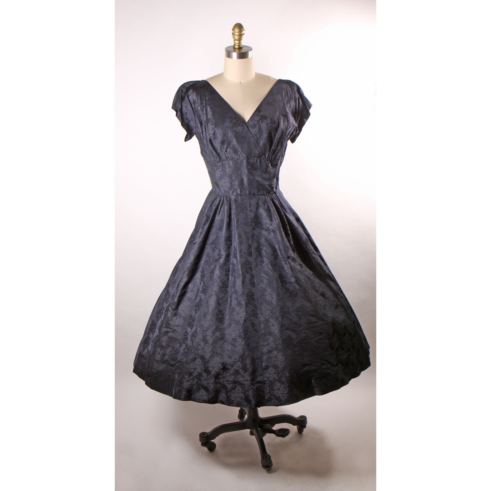 1950s Dark Navy Blue Floral Short Sleeve Dress with Matching Beaded Jacket