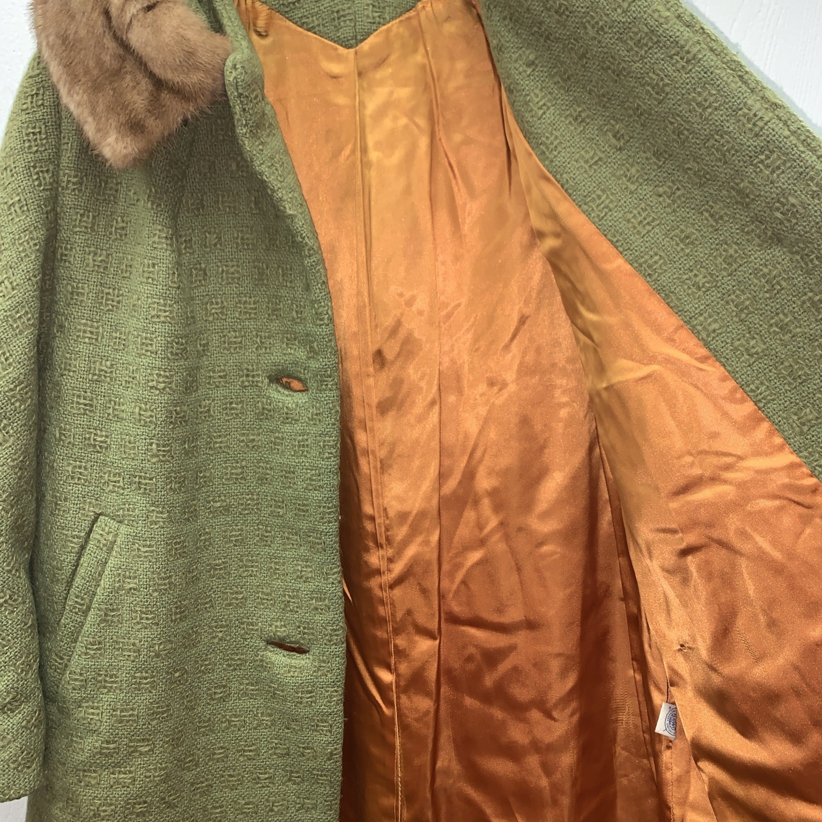 Vintage 50s 60s Tweed Wool Fox Fur Collar Swing Green Coat M USA Union Made