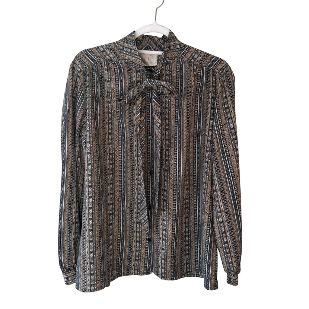 Vintage 80s 90s Tan Jay Striped Long Sleeve Blouse with Bow Size 16 Retro Office