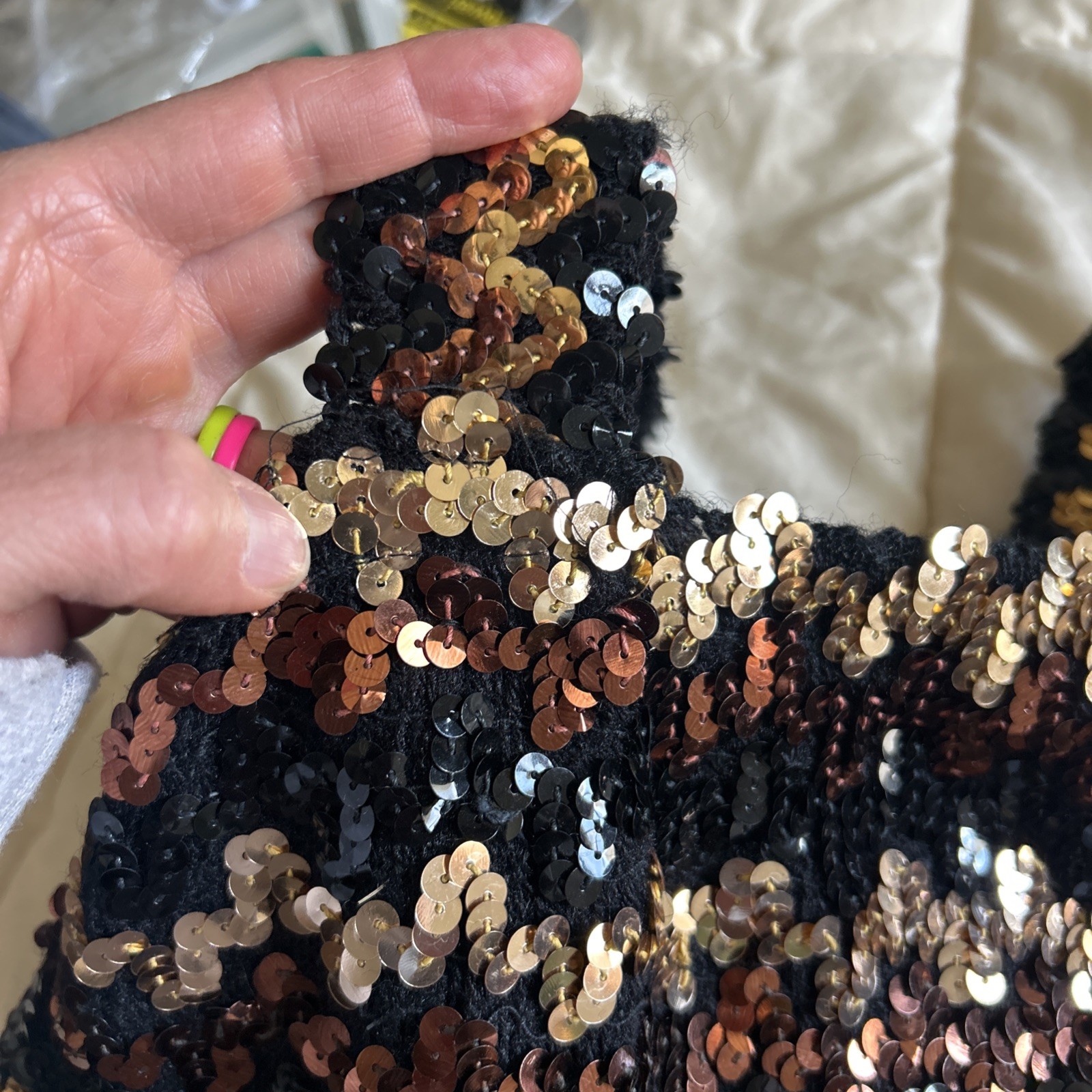 Vintage Sequin Top Cropped Black Brown Gold Small