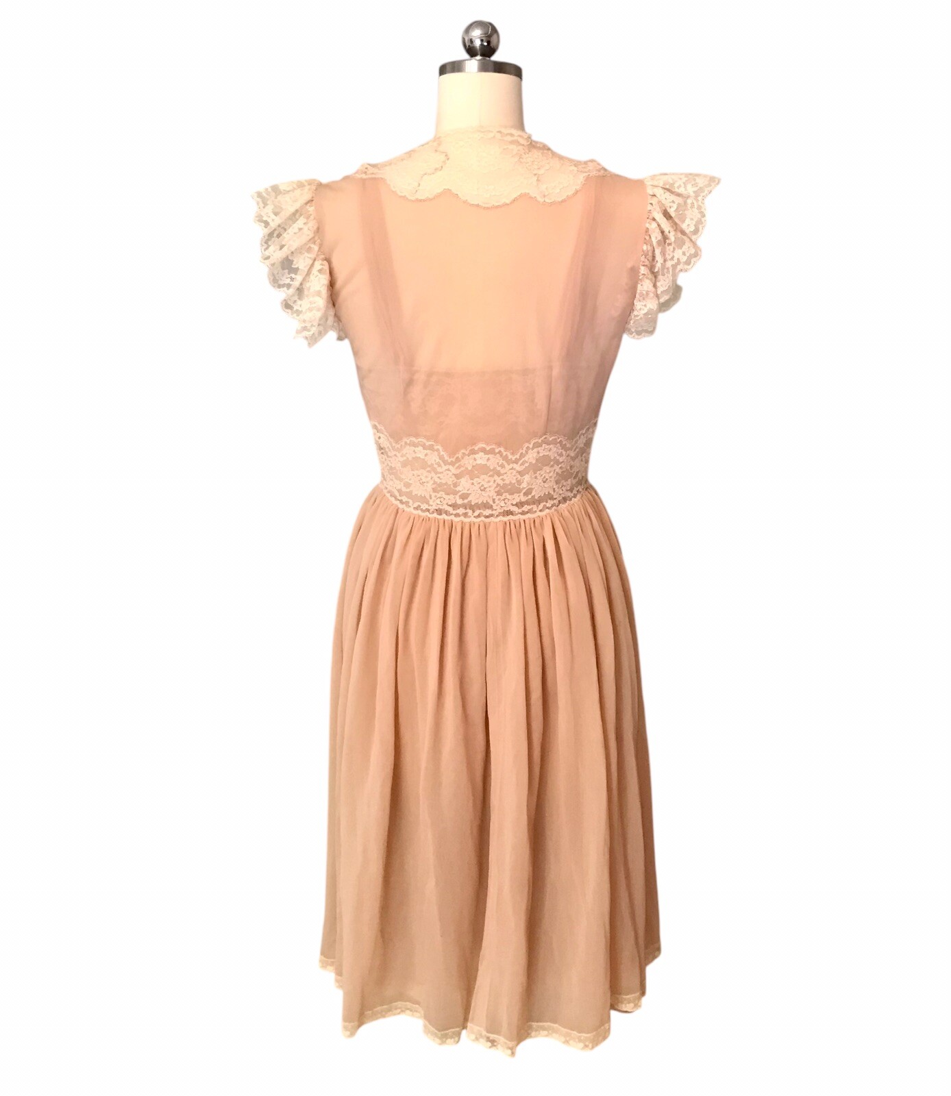 VTG Chiffon Babydoll Peignoir Set Sheer Lace Ruffle Romantic Victorian Women’s S