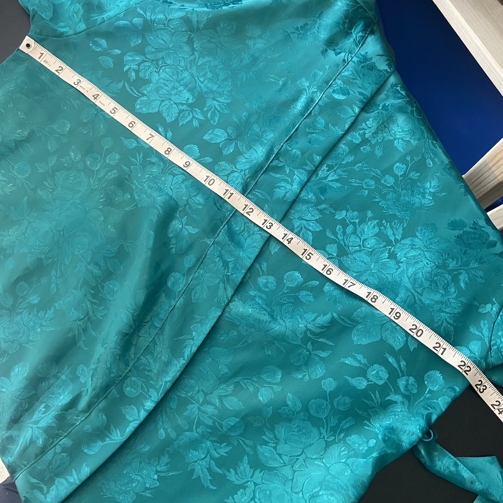 VTG Cachet Size Small Floral Silky Robe Emerald Green Pockets Belt 80s Kimono