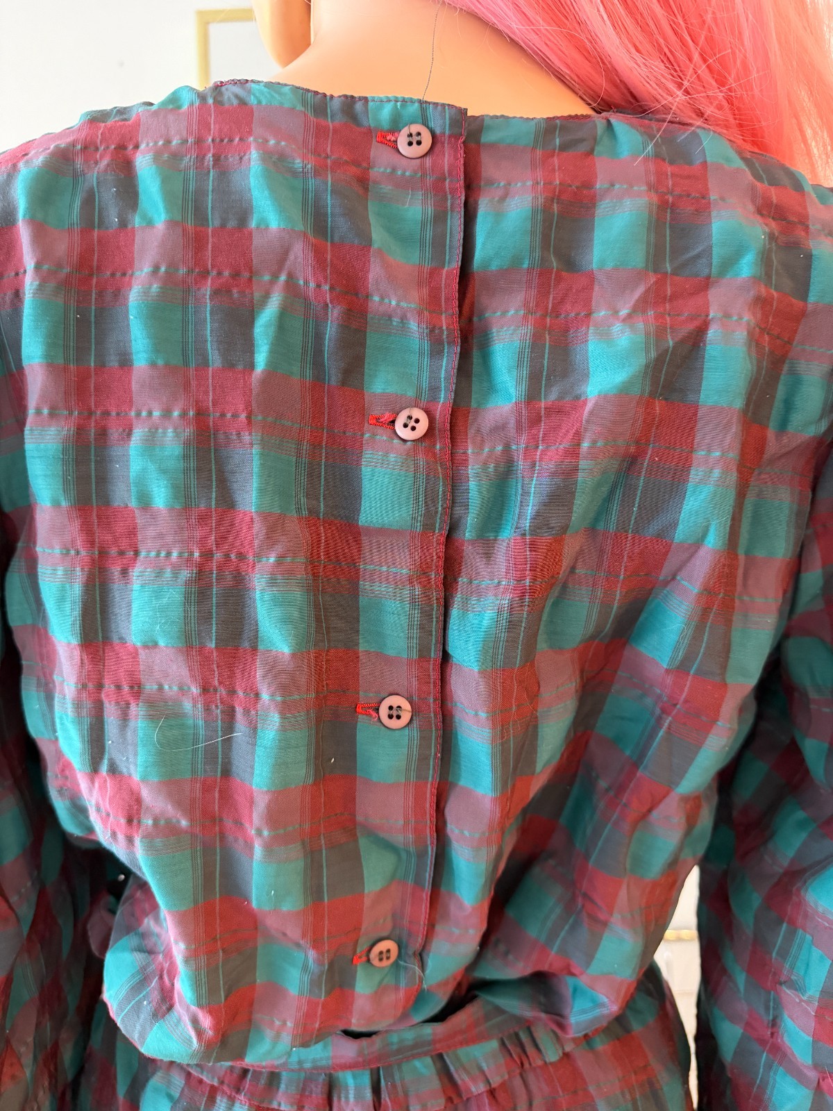 🎀 Vtg 70s Asian Export Plaid Cotton Batwing Pussy Bow Top Skirt Buckle Dress M