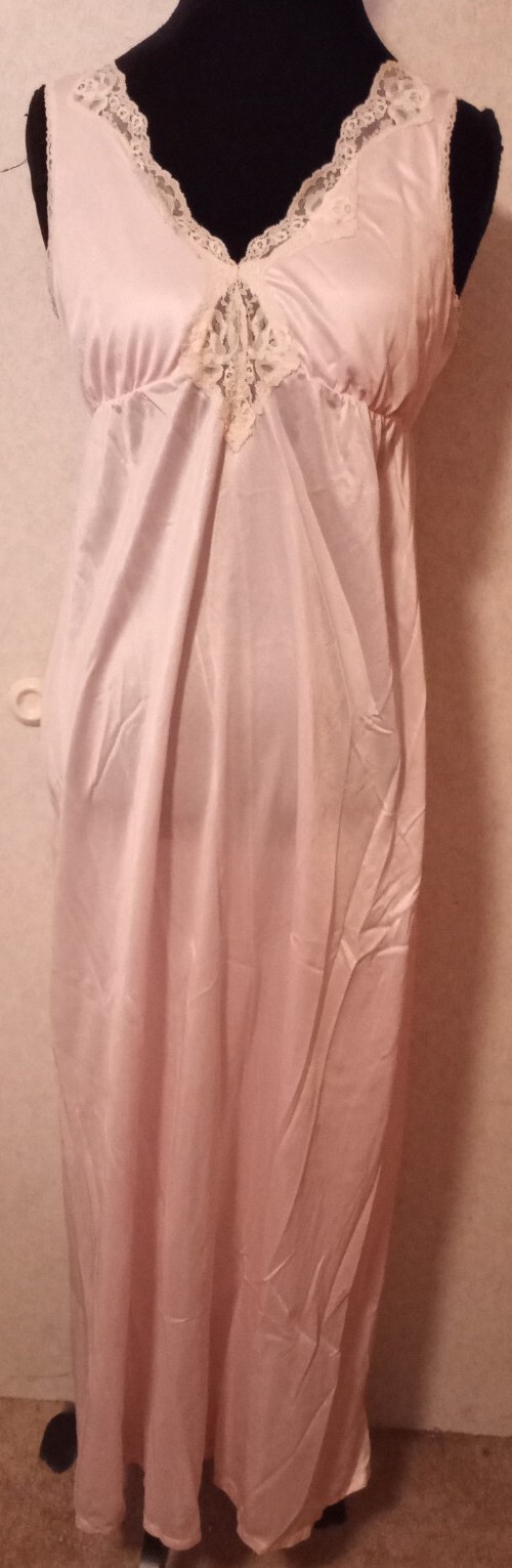 2 Vintage FANCY ME Sz S Pink Nylon Sheer Cream Lace Long Nightgown Slip Dress