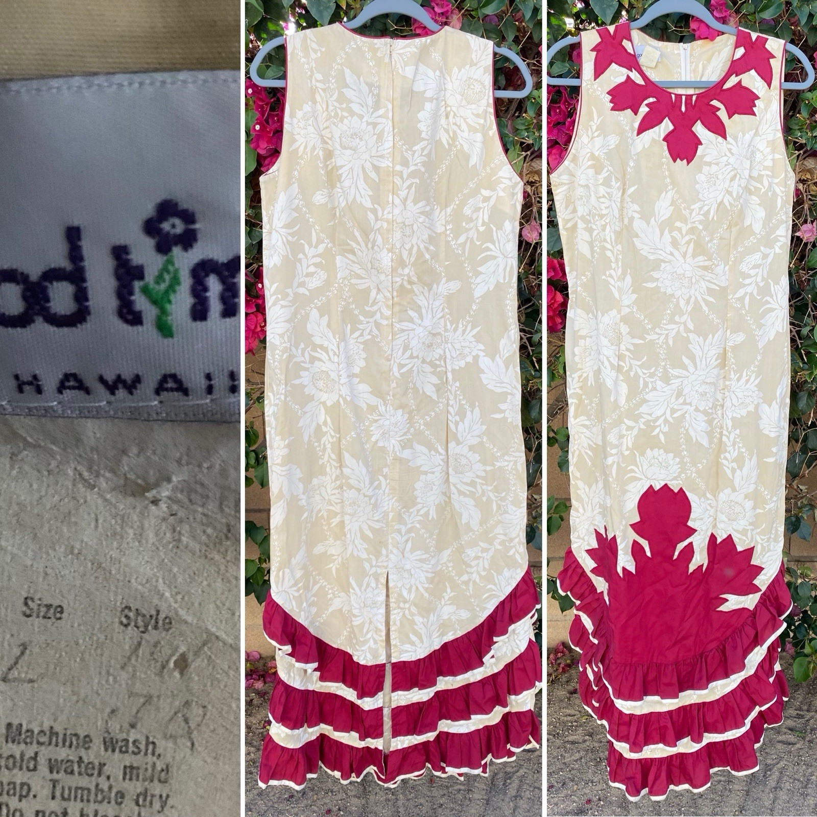 Good Times Hawaii Vintage Hawaiian Dress Ruffles Ruffle Size L Tiki Aloha Maxi