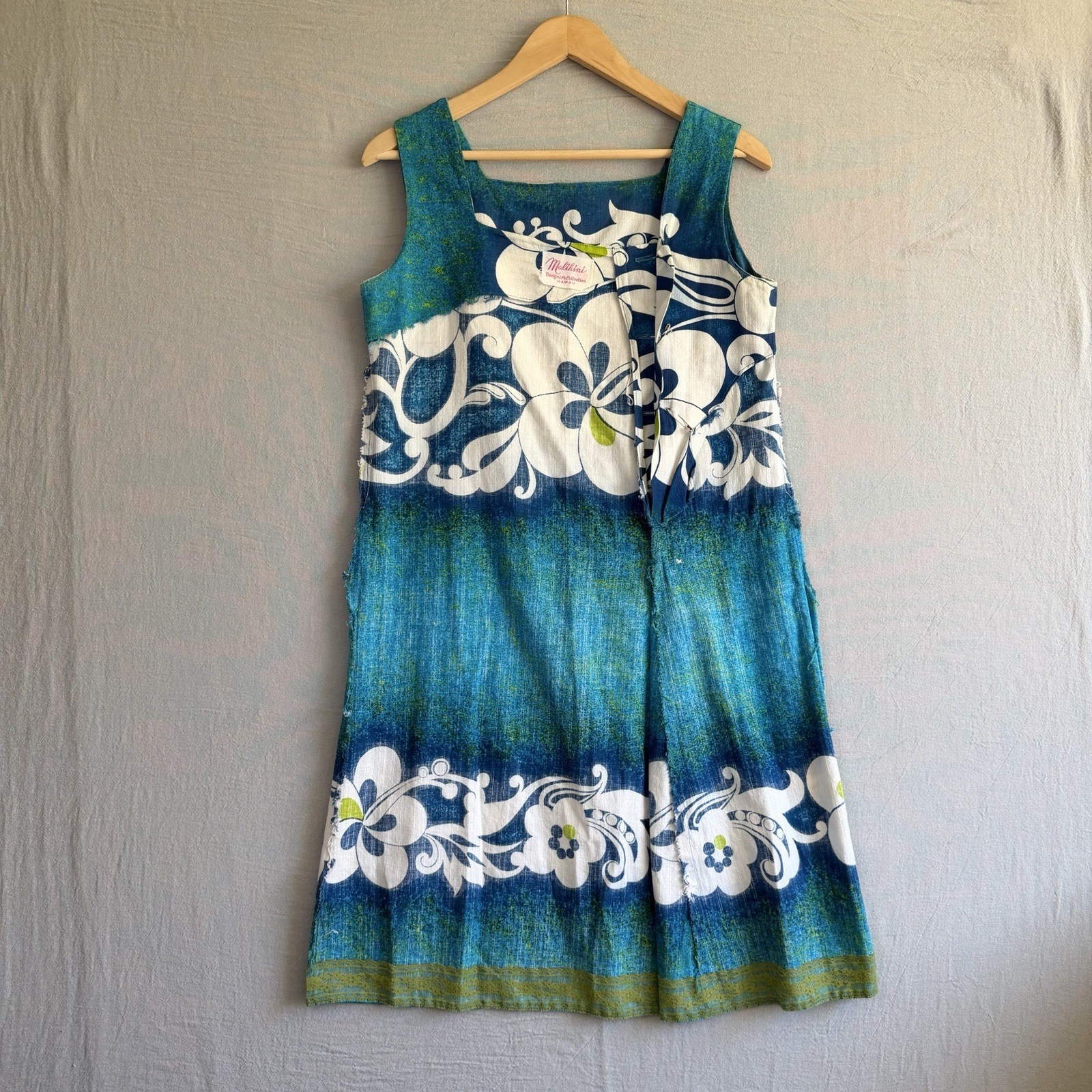 Malihini Vintage Barkcloth Dress Small Blue Sleeveless Hawaiian Floral Buttons