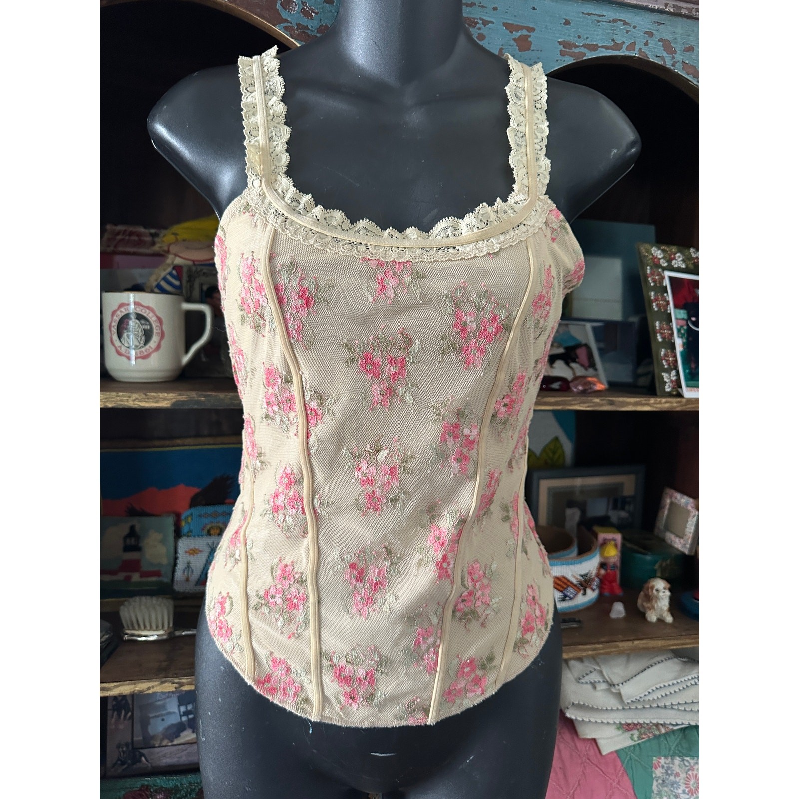 VINTAGE 90’s GUESS JEANS AUTHENTIC FLORAL MESH CAMISOLE CORSET TOP