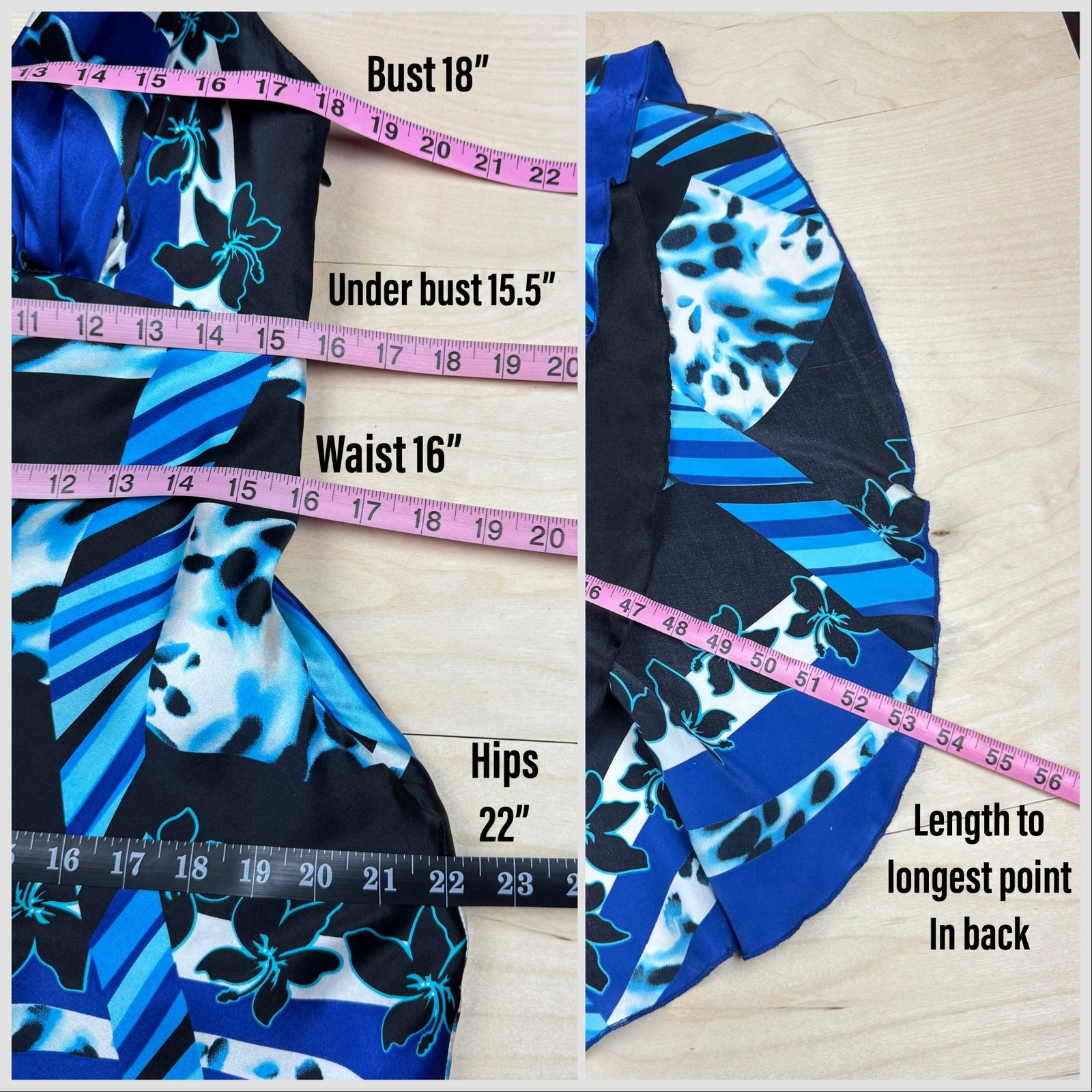 Vintage 1990s Blue & Black Abstract Print Silk Backless Halter Dress | 32″ Waist