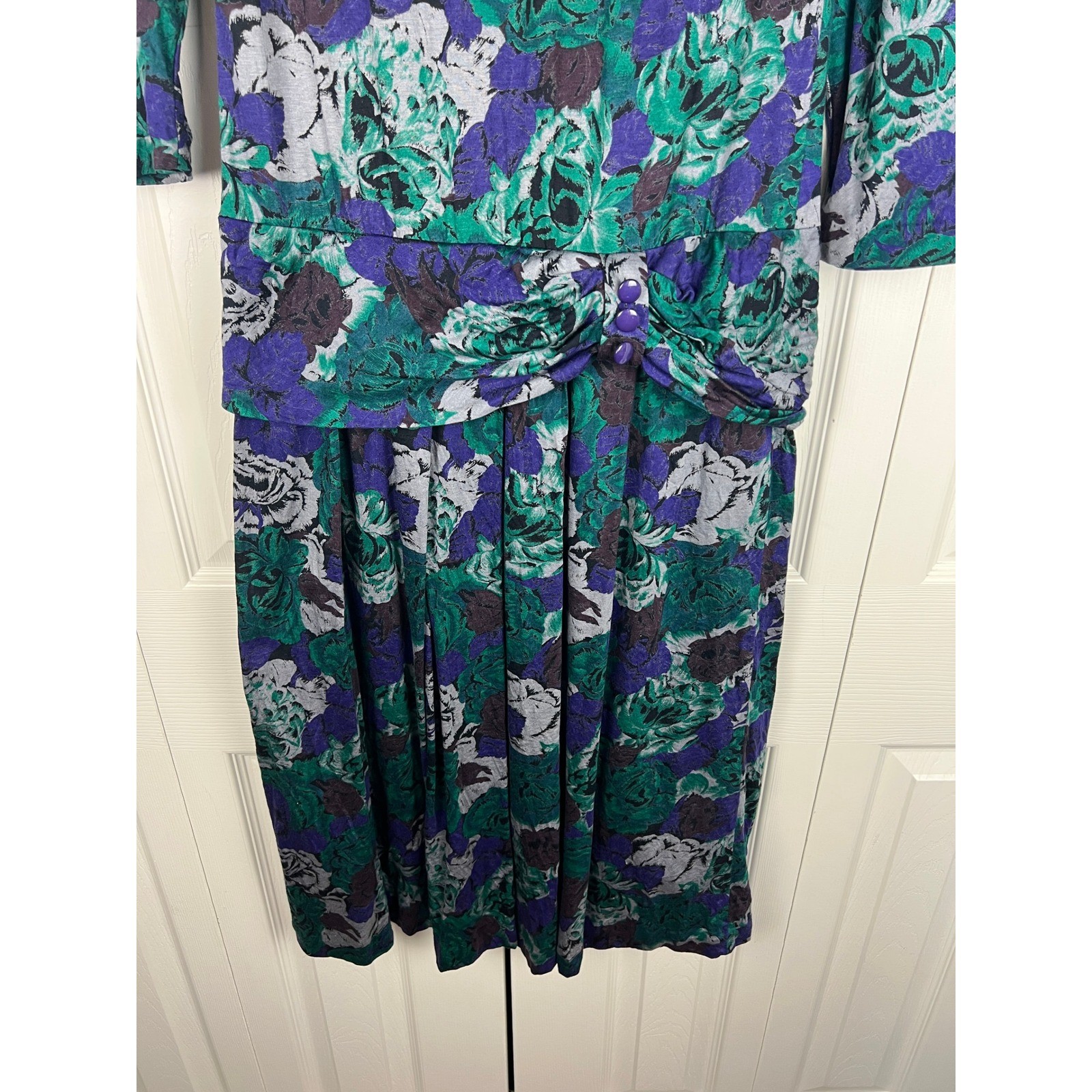 90s Floral Midi Dress Shoulder Pads Draped Waist Secretary Dress Rayon Medium
