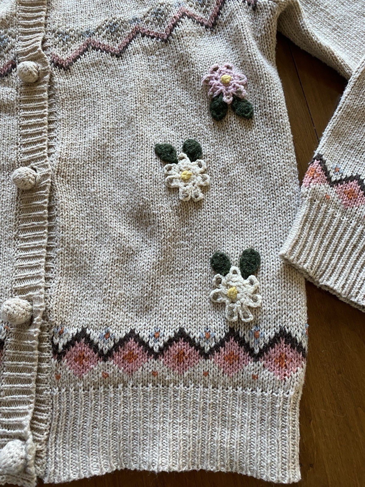 Cardigan Sweater Vintage Knitted Floral Off White Cream Color