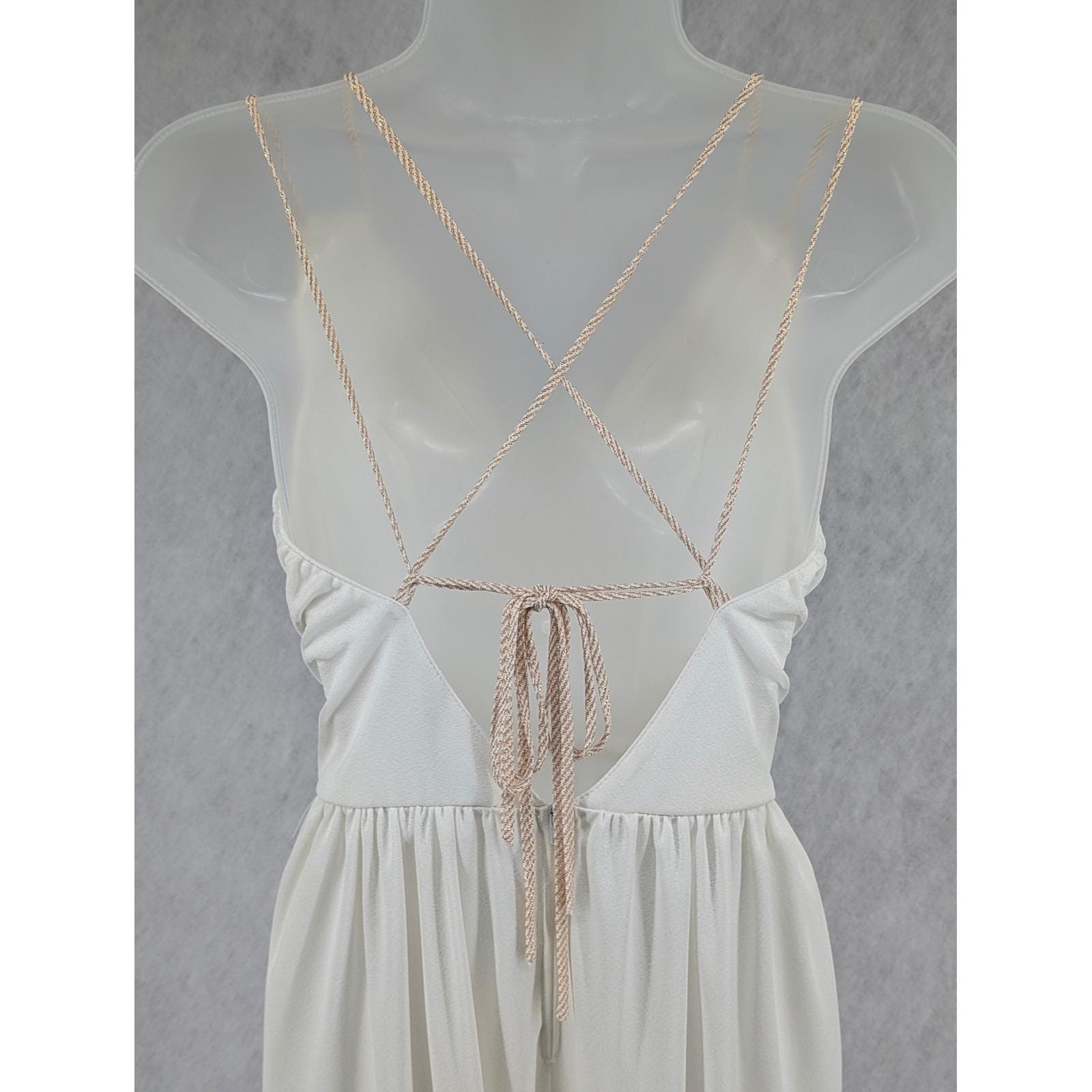 Vintage Jumpsuit Set Ivory White Cowl Neck Open Strappy Back Disco Glam Sz Small