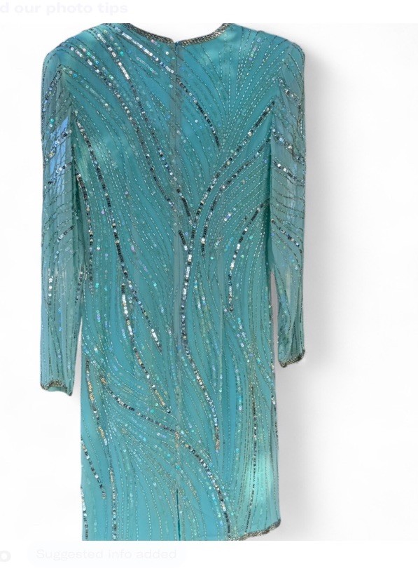 Vintage Kathryn Conover by Night Silk Sequin Beaded Dress Turquoise 80s Glam