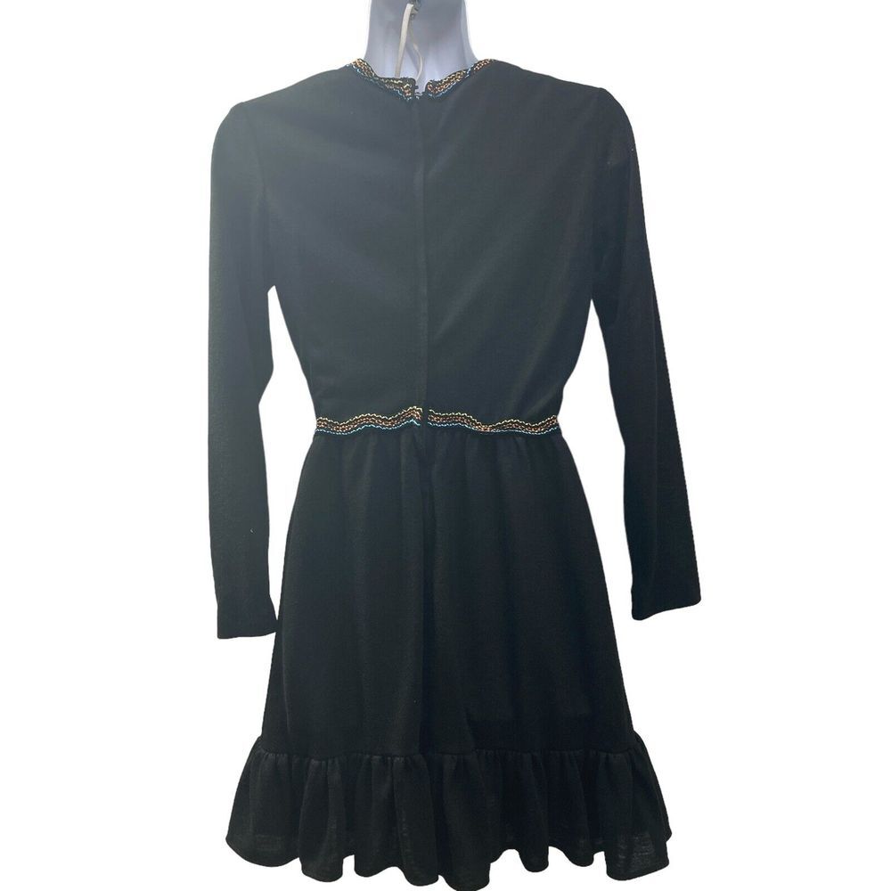 Handmade Dress Black Mini Long Sleeve Knit Stretch Ruched Hem and Trim Vintage