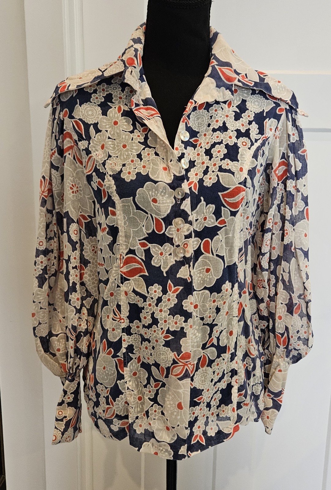 VTG 1960s Hand Made Red White Blue Floral Sheer Button Up Blouse Dagger Collar