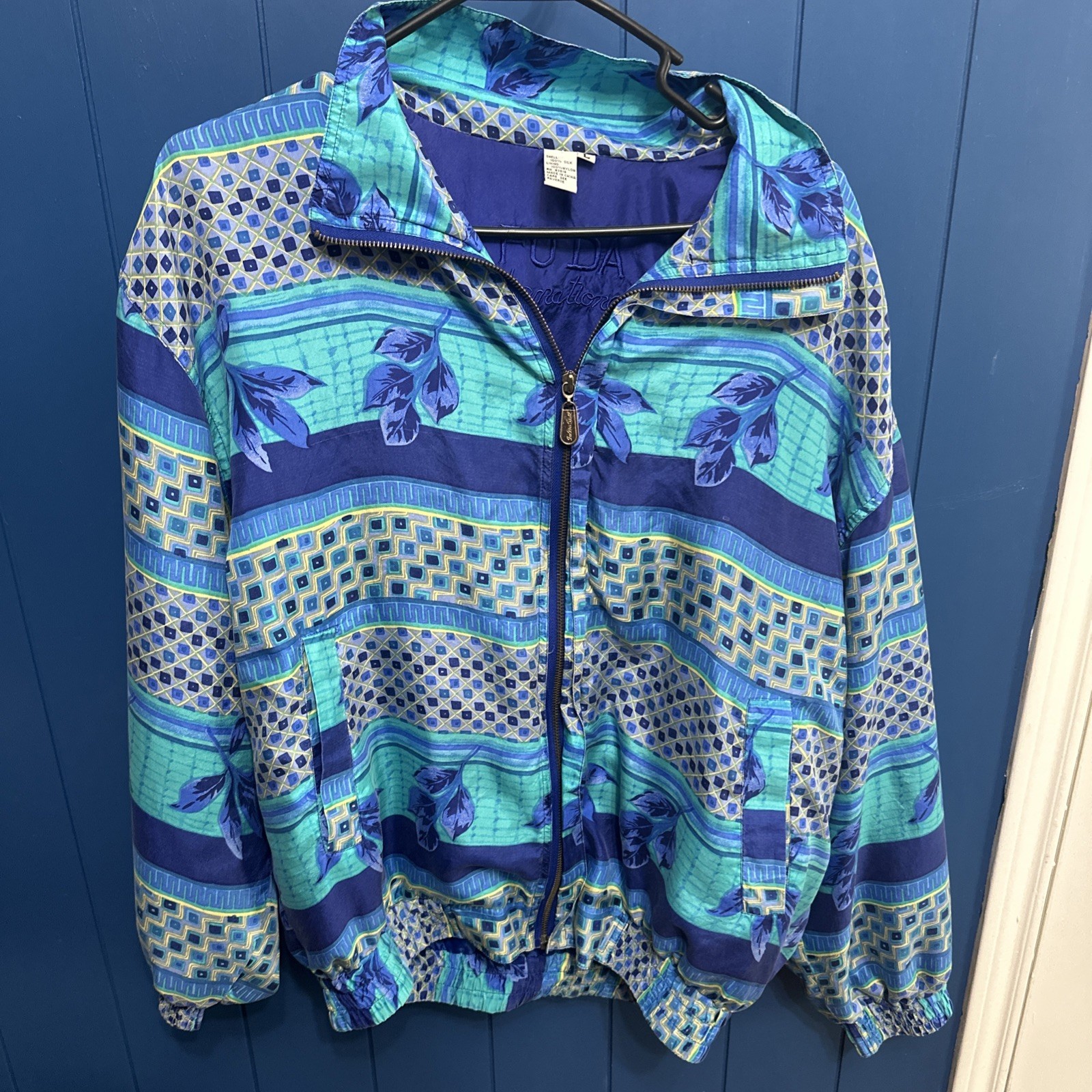 Vtg 80’s FUDA Sport International Petite L 100% Silk Jacket And Pants Blue Multi