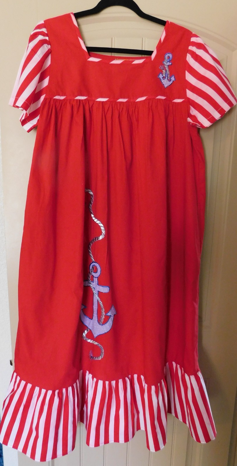 Vintage Women’ Dress Sea Wind Mumu 1980’s Beach Mumu Red White Blue Beach Dress