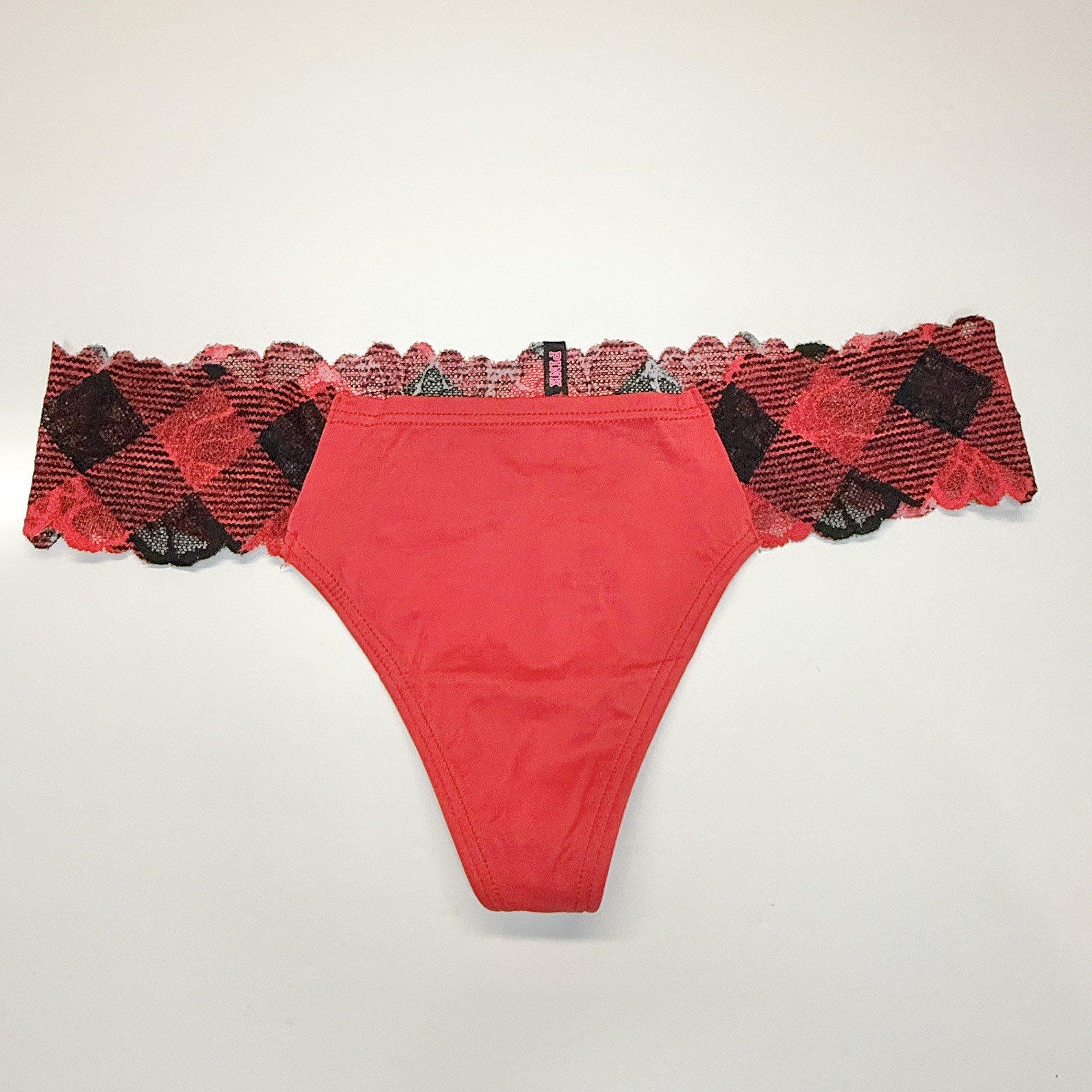 2016 Vintage PINK by Victorias Secret Red With Plaid Lace Thong Panties Size MED